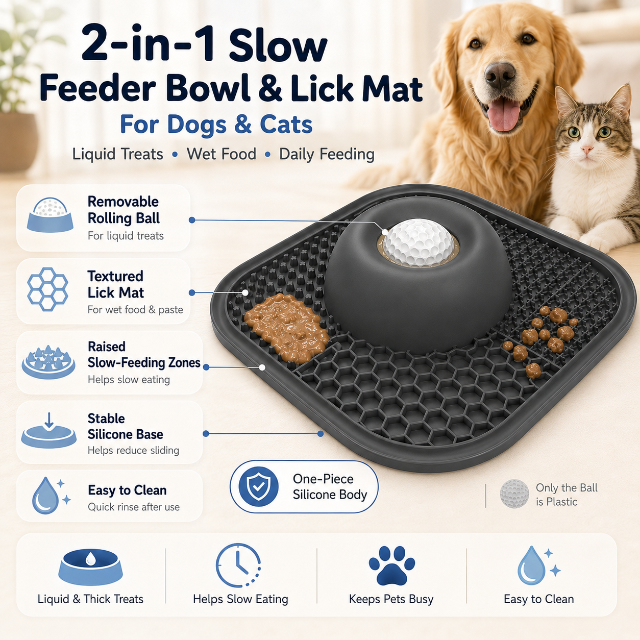 2-in-1 Pet Slow Feeder Bowl & Lick Mat