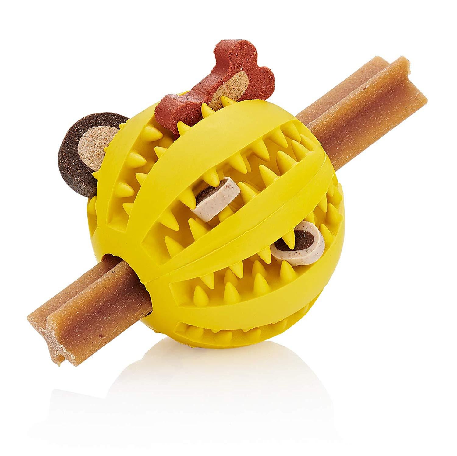 Pet Toy Durable Soft Rubber Ball Chew Toys Tooth Cleaning Leakage Food Dog Toys - Yellow